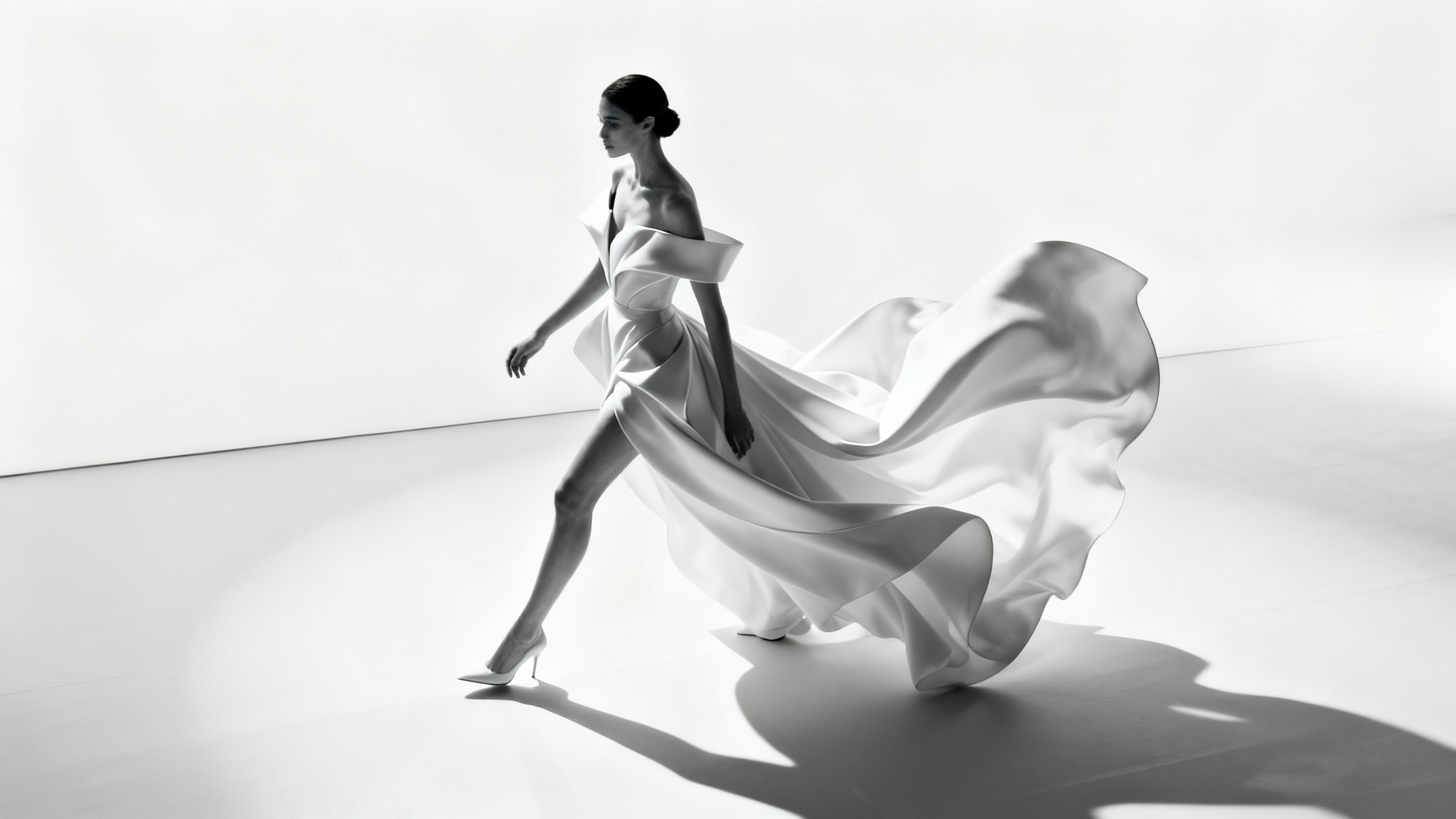 A full-body photograph of a fashion model in mid-stride on a runway, wearing a flowing gown against a plain white background.