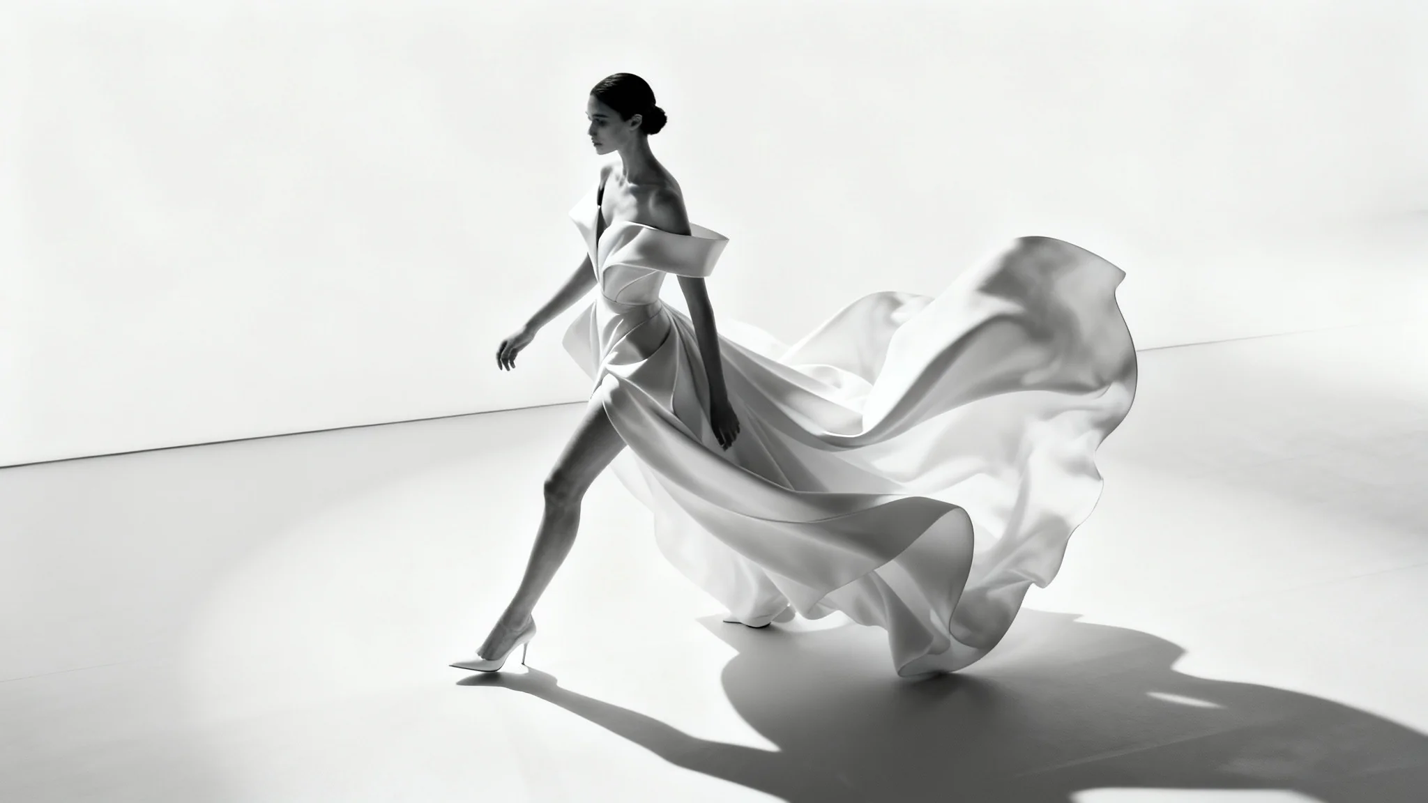 A full-body photograph of a fashion model in mid-stride on a runway, wearing a flowing gown against a plain white background.