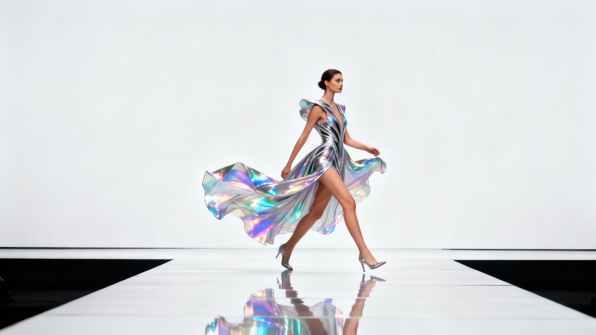 A fashion model in a flowing, iridescent gown is captured in mid-stride while walking down a minimalist runway against a clean white background, conveying a sense of motion and elegance.