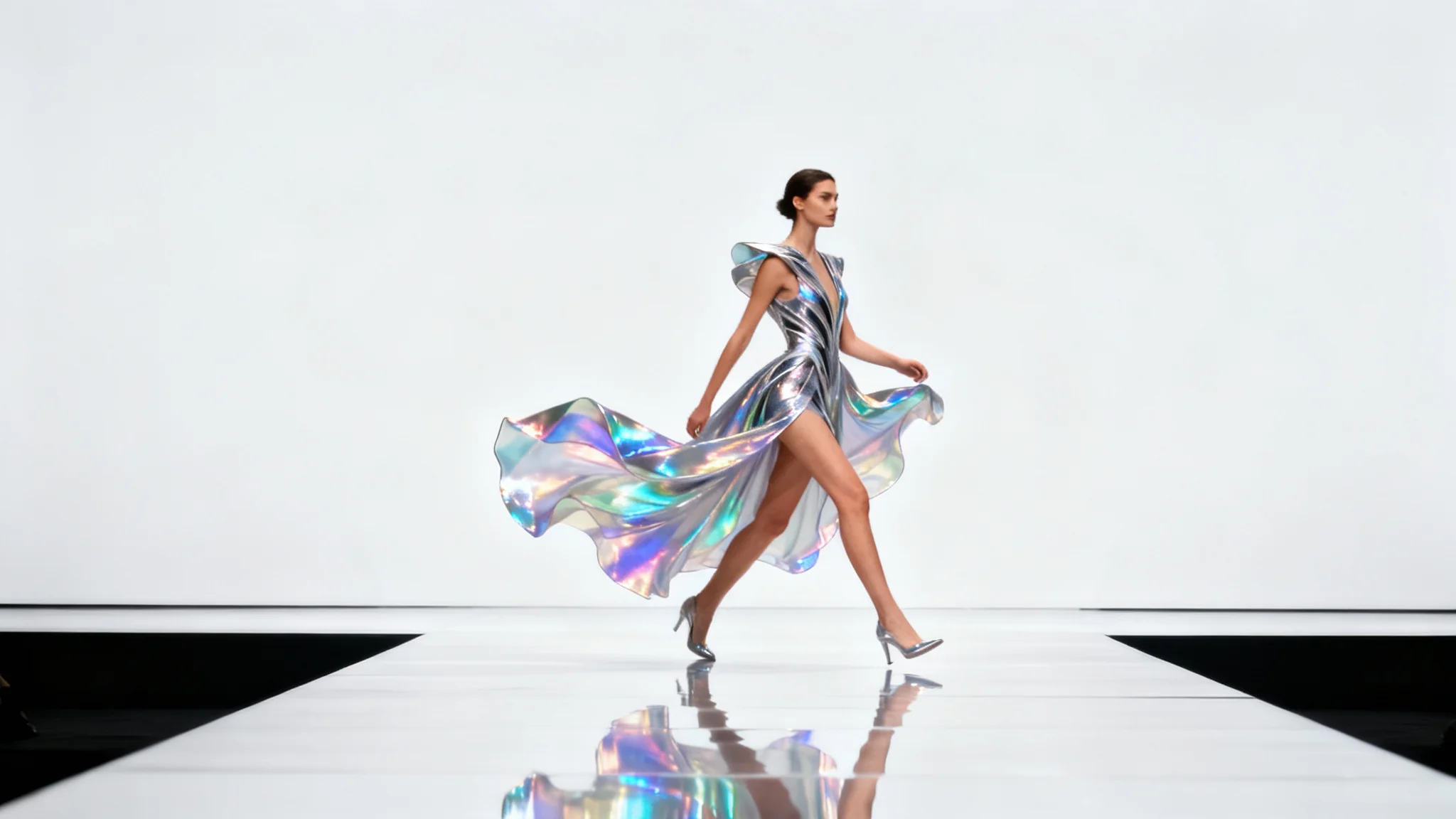 A fashion model in a flowing, iridescent gown is captured in mid-stride while walking down a minimalist runway against a clean white background, conveying a sense of motion and elegance.