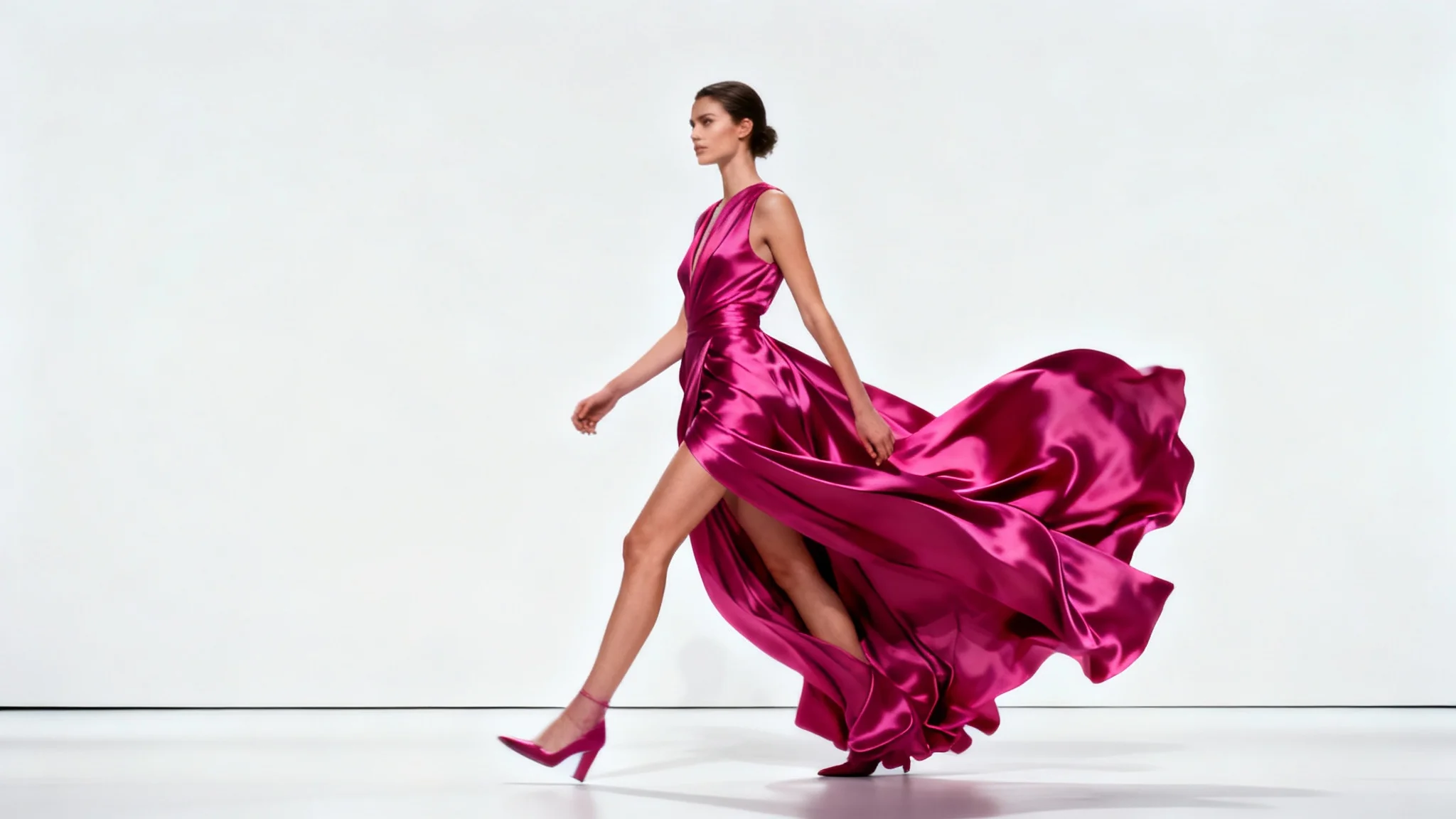 A photorealistic image of a fashion model mid-stride on a runway, wearing a vibrant, flowing magenta gown against a stark white background, illustrating a runway walk animation.