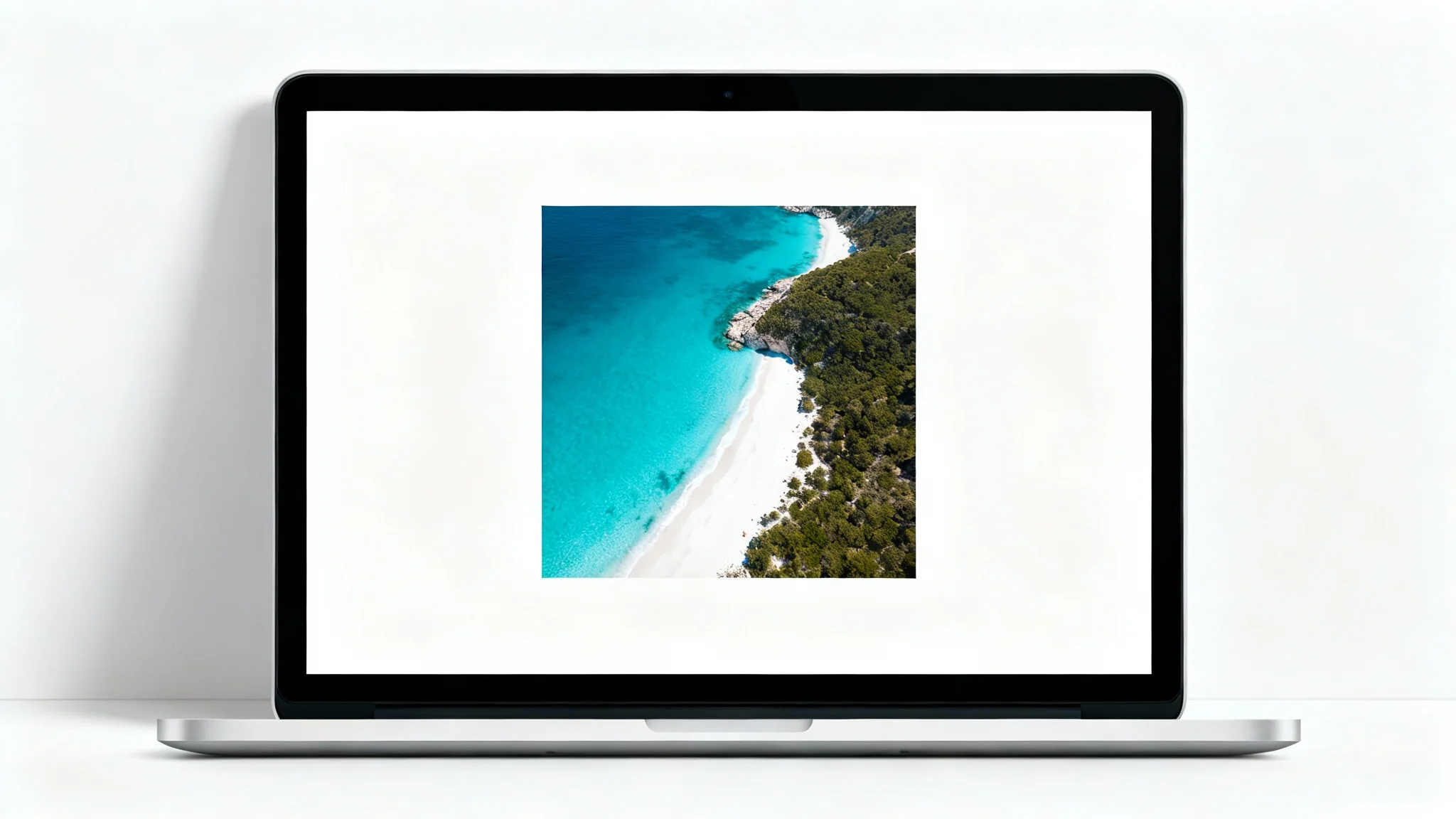 A perfectly square, high-resolution photograph of a beautiful turquoise coastline, displayed elegantly against a clean white background to showcase a photo editing result.