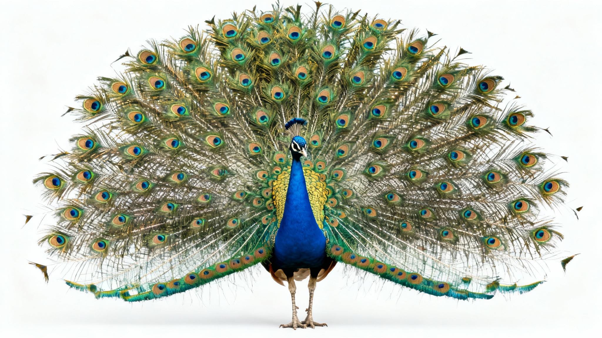 A vibrant, high-quality square photograph of a peacock with its tail feathers fully fanned out against a stark white background.
