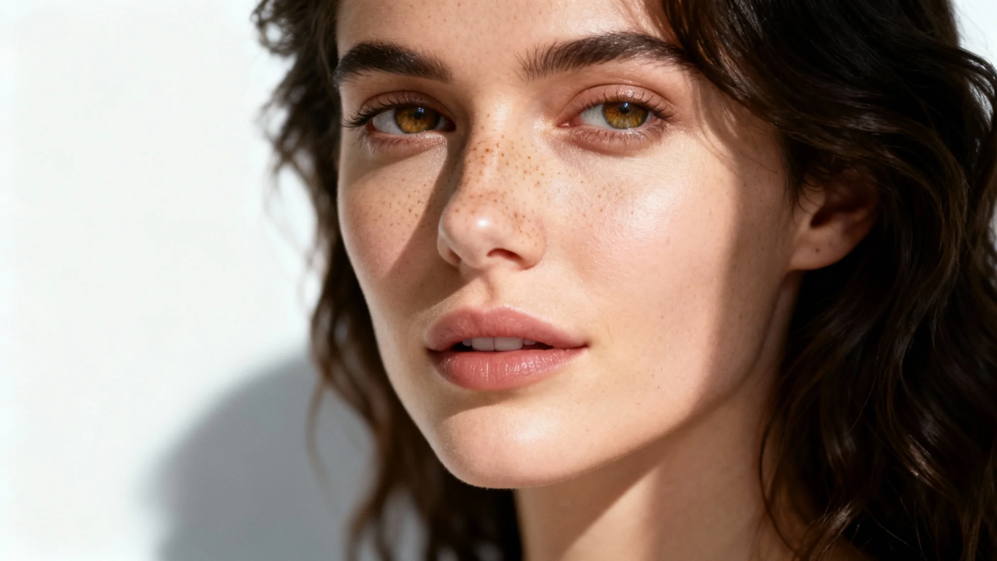 A professional square portrait photograph of a woman with freckles and soft features, presented as a mockup on a clean white background.
