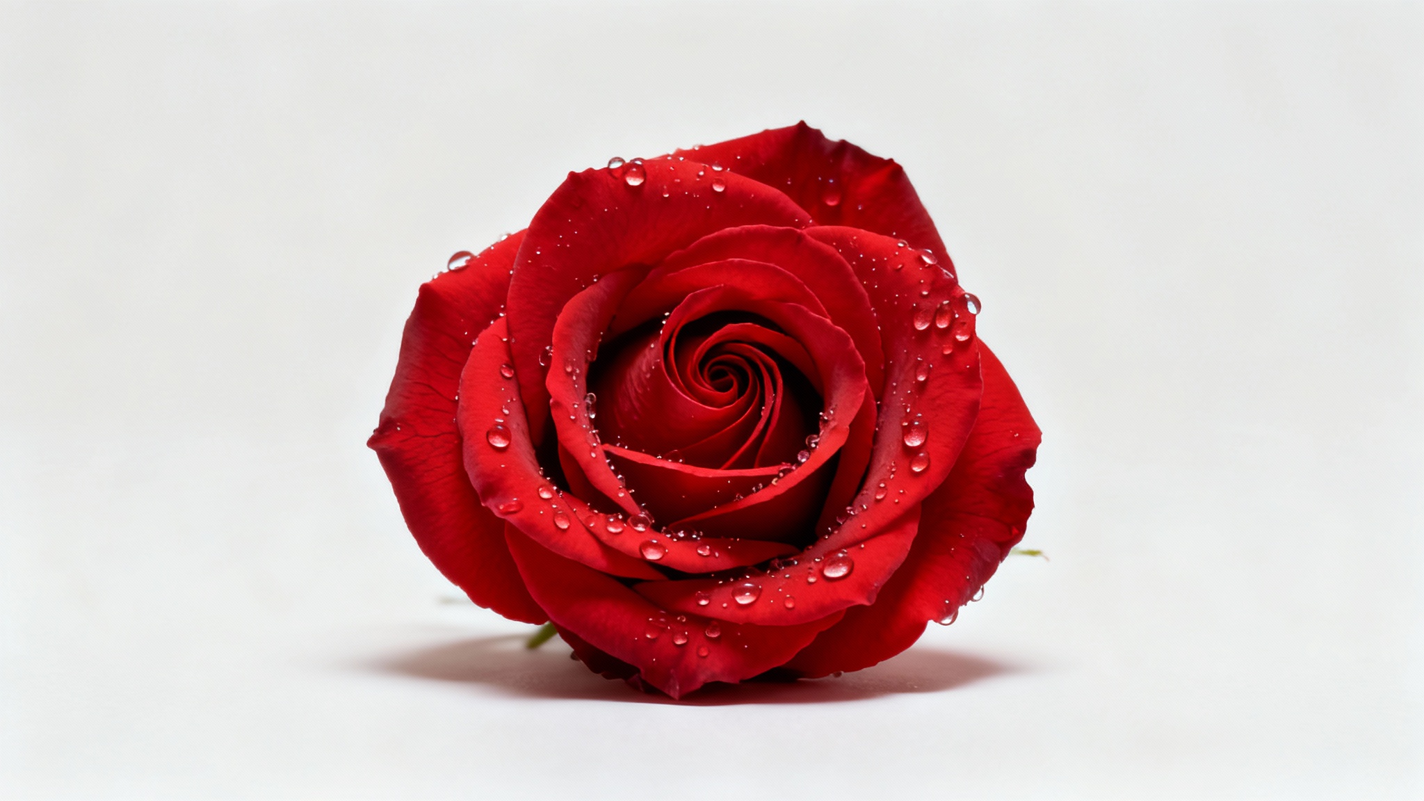 A hyper-realistic, centered square photograph of a single, perfect red rose with dewdrops on its petals, set against a plain white background.
