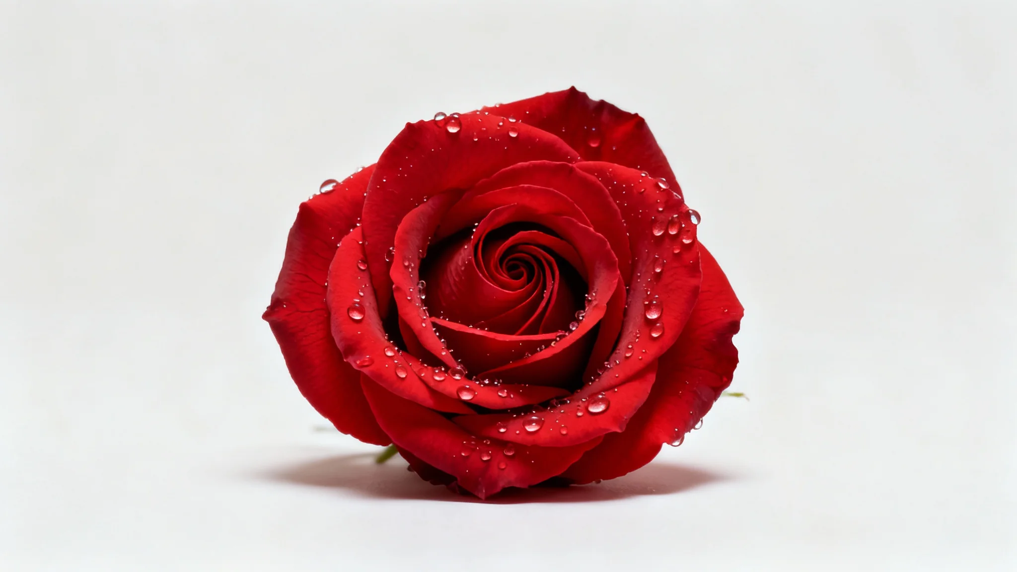 A hyper-realistic, centered square photograph of a single, perfect red rose with dewdrops on its petals, set against a plain white background.