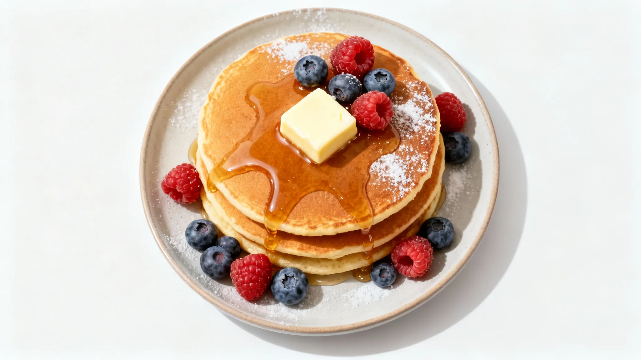 A top-down, photorealistic image of a stack of fluffy pancakes on a plate, set against a clean white background. A pat of butter melts on top, maple syrup drips down the sides, and the stack is garnished with fresh blueberries and a light dusting of powdered sugar.