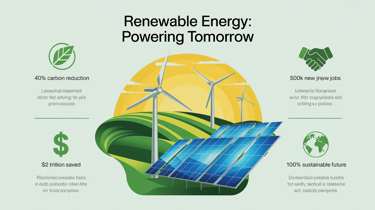A professionally designed infographic showing the final result of a renewable energy template. It features a central illustration of wind turbines and solar panels, surrounded by icons and statistics about carbon reduction, green jobs, and energy savings.