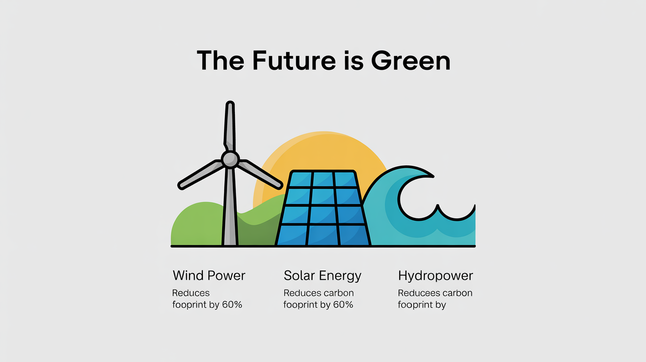 A flat-design vector infographic mockup about renewable energy, showcasing icons for wind, solar, and hydropower with the title 'The Future is Green' on a white background.