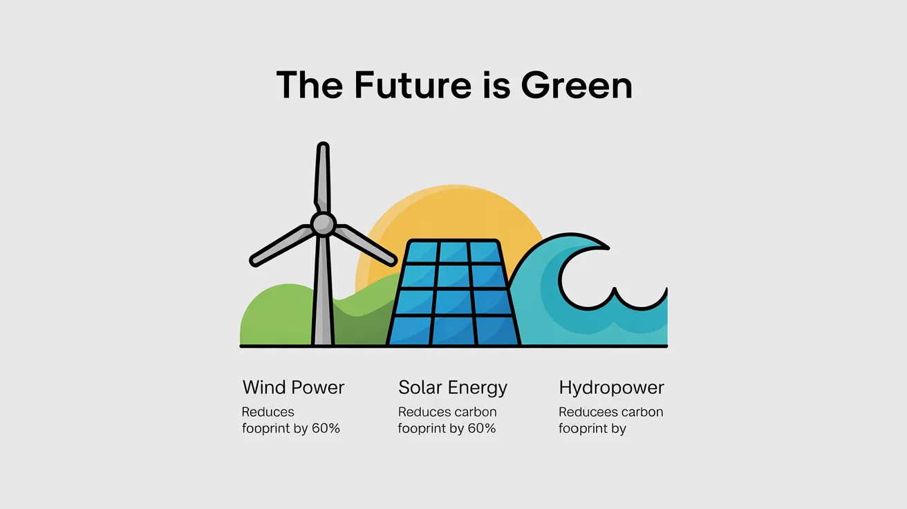 A flat-design vector infographic mockup about renewable energy, showcasing icons for wind, solar, and hydropower with the title 'The Future is Green' on a white background.