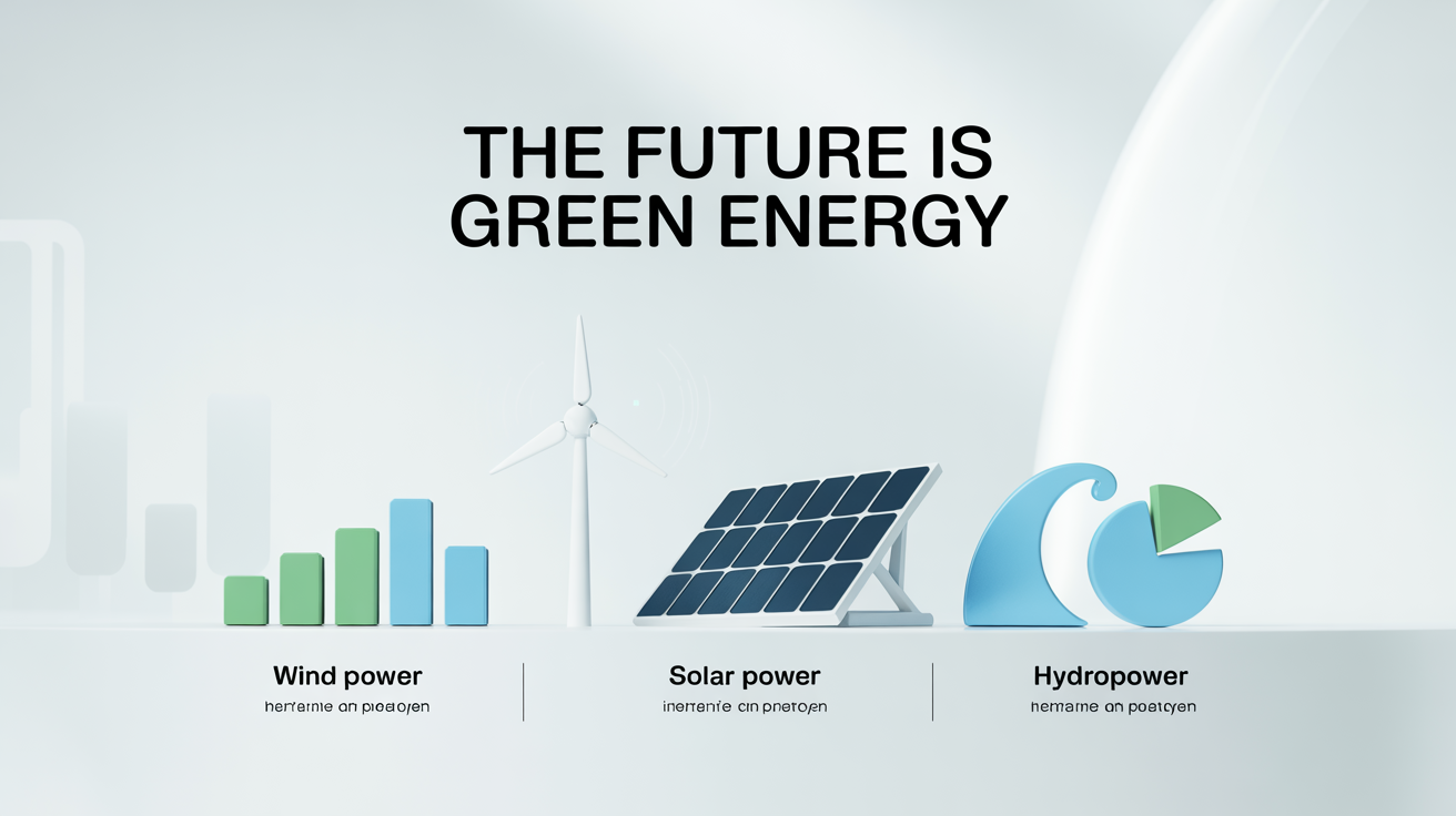 A modern, flat-design infographic showcasing renewable energy sources. It features stylized icons for wind, solar, and hydropower, along with sample charts and the title 'The Future is Green Energy'.