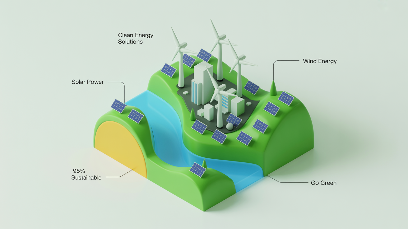 An isometric infographic showing a sustainable landscape with wind turbines and buildings with solar panels, illustrating renewable energy solutions. The text reads 'Clean Energy Solutions'.