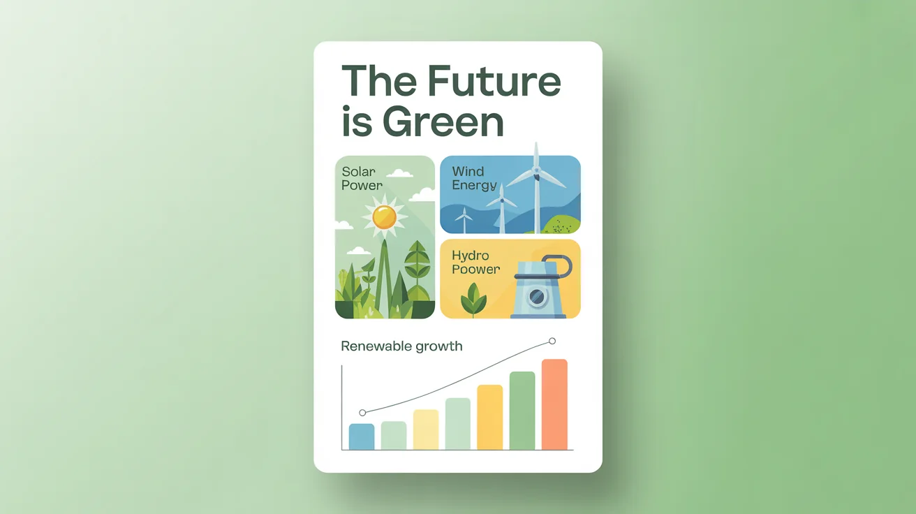 A modern infographic illustrating the benefits of renewable energy. It features sections for solar, wind, and hydropower with corresponding icons, and a bar chart showing growth. The title reads 'The Future is Green'.