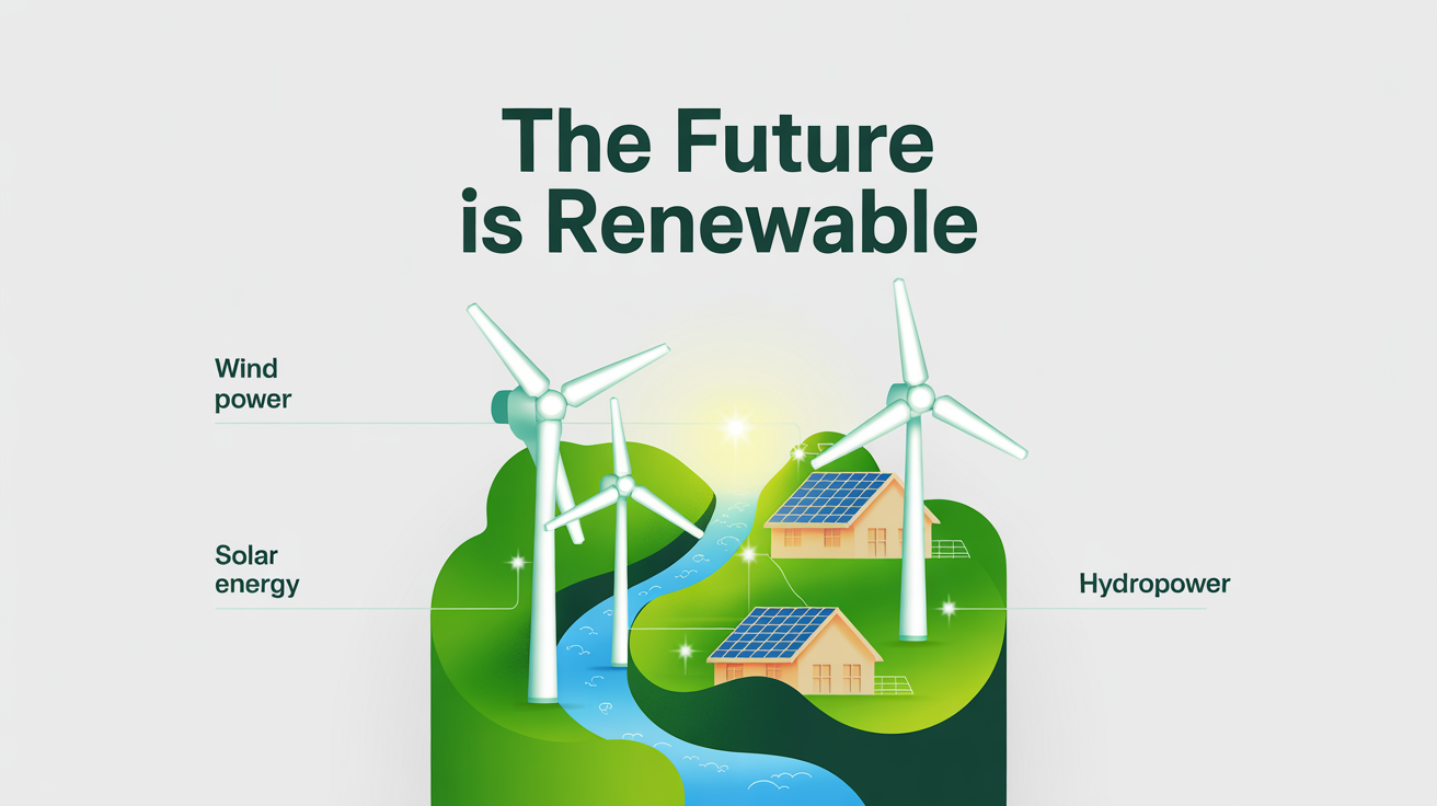 A modern, colorful infographic on a white background illustrating different renewable energy sources, including wind turbines, solar panels, and a river for hydropower, with the title 'The Future is Renewable'.