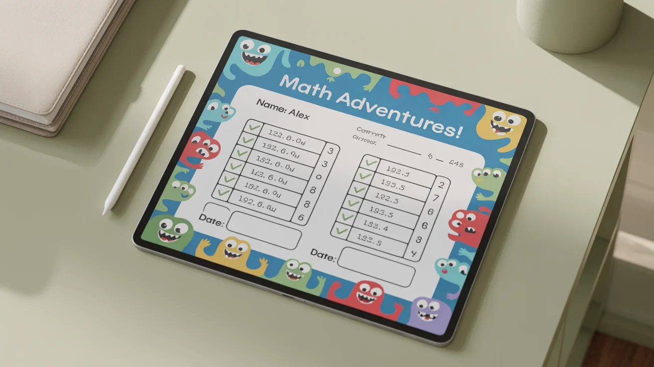 A finished digital math worksheet for children, displayed on a tablet screen on a clean desk. The worksheet is filled out with answers and features colorful monster illustrations.