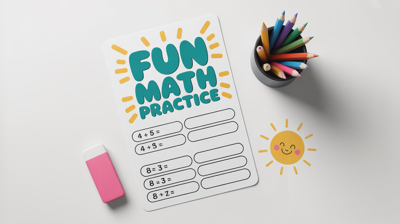 A mockup of a children's math worksheet titled 'Fun Math Practice' laid flat on a white surface, with colorful pencils placed neatly beside it.