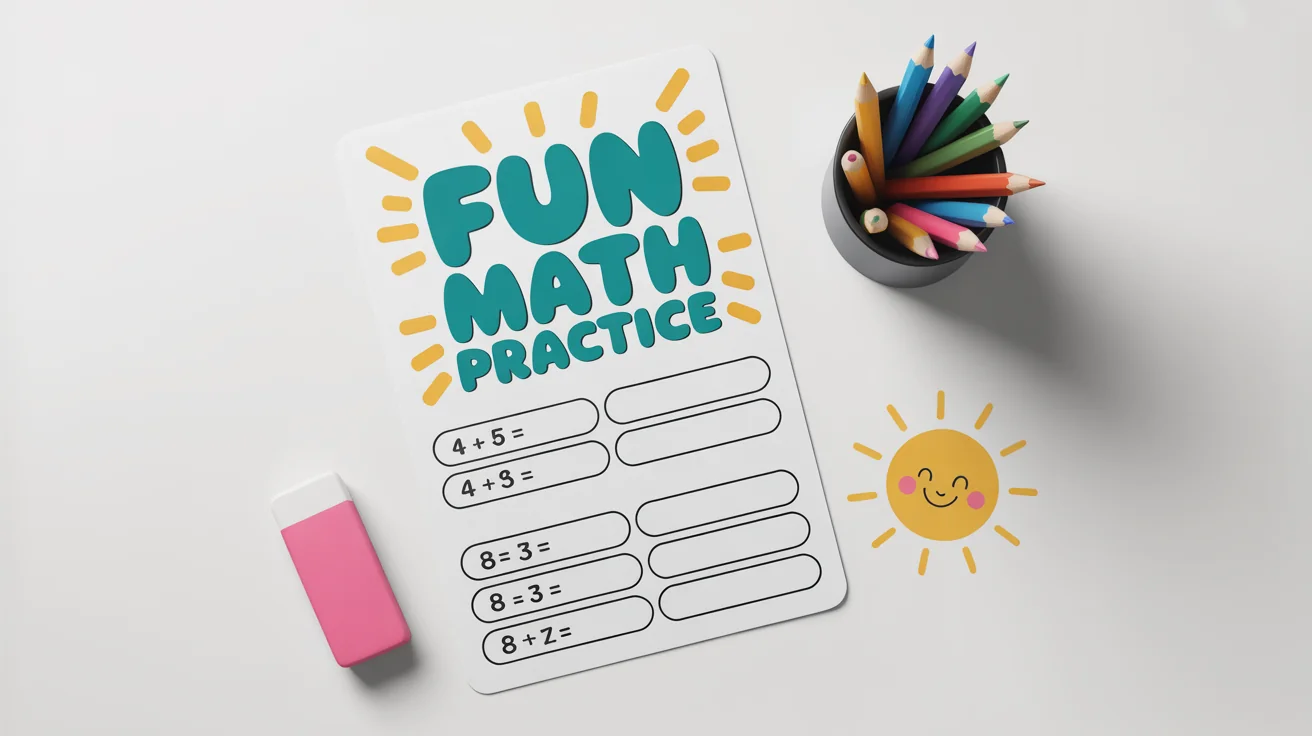A mockup of a children's math worksheet titled 'Fun Math Practice' laid flat on a white surface, with colorful pencils placed neatly beside it.