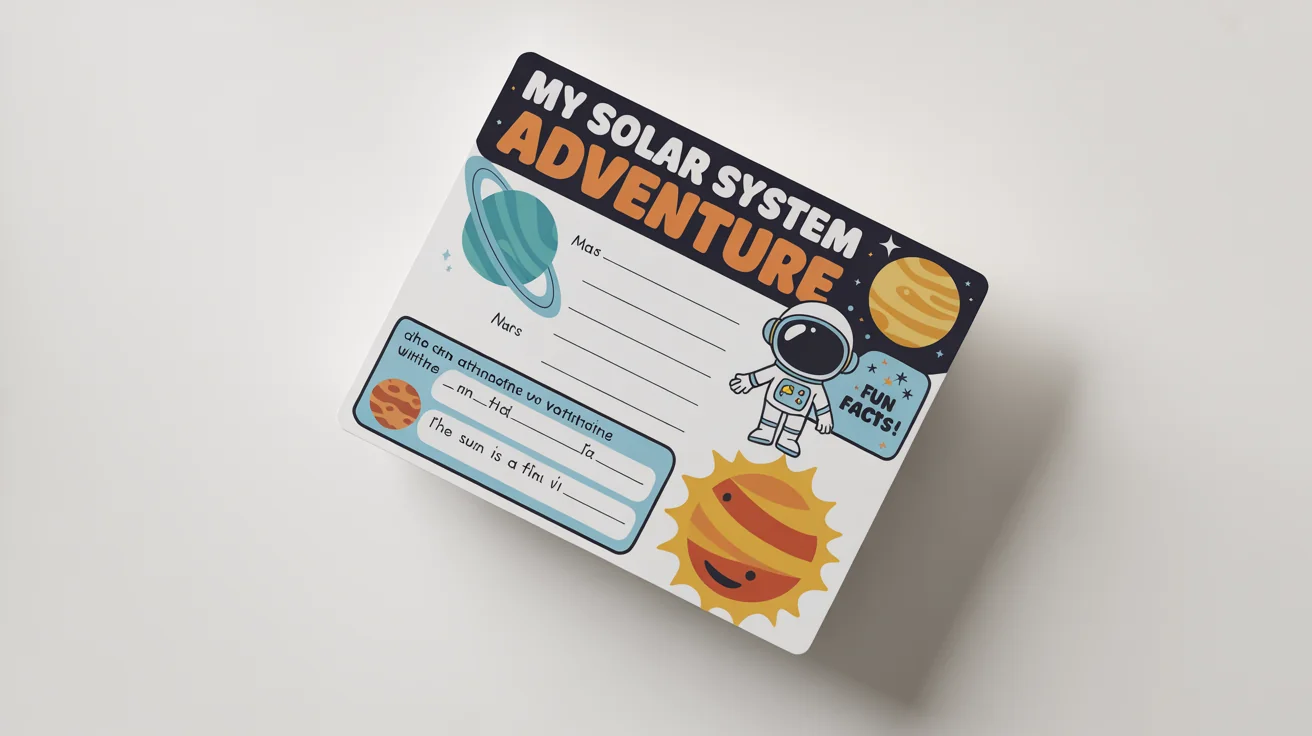 An educational worksheet for children about the solar system, featuring colorful illustrations of planets and an astronaut, set against a plain white background.