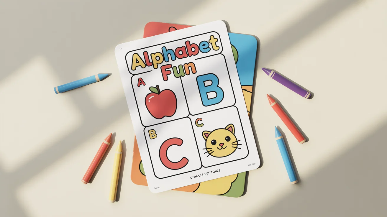 A mockup of a children's alphabet worksheet titled 'Alphabet Fun', showing the letters A, B, and C with corresponding illustrations of an apple, a ball, and a cat, on a white background.