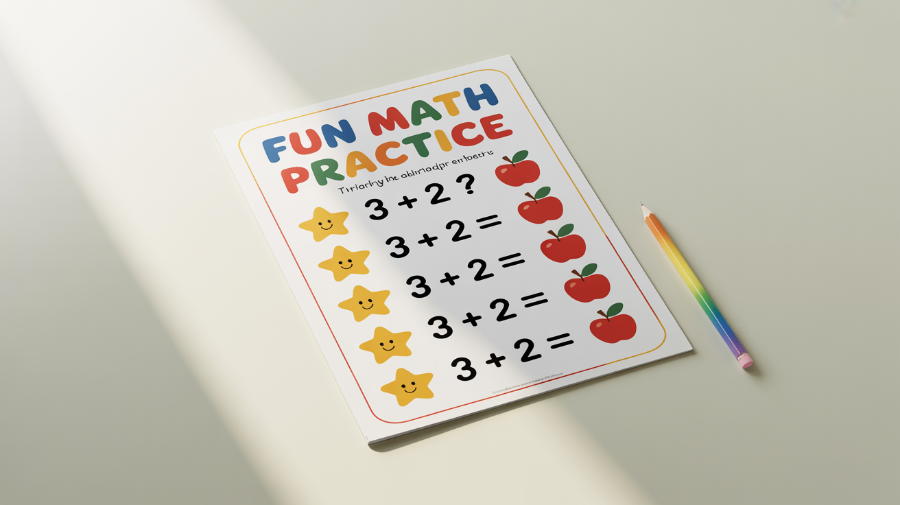 A vibrant and cheerful children's math practice worksheet with simple addition problems and cute illustrations of stars and apples, presented as a clean mockup on a white background.