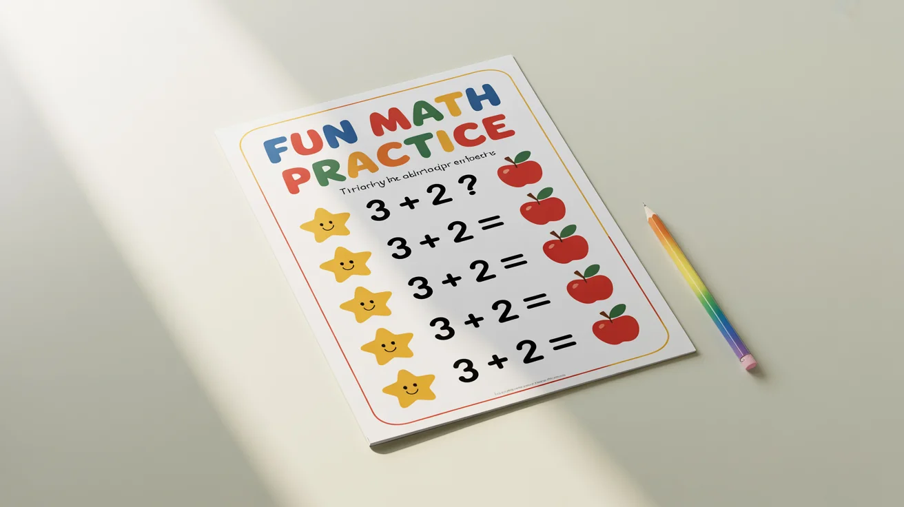 A vibrant and cheerful children's math practice worksheet with simple addition problems and cute illustrations of stars and apples, presented as a clean mockup on a white background.