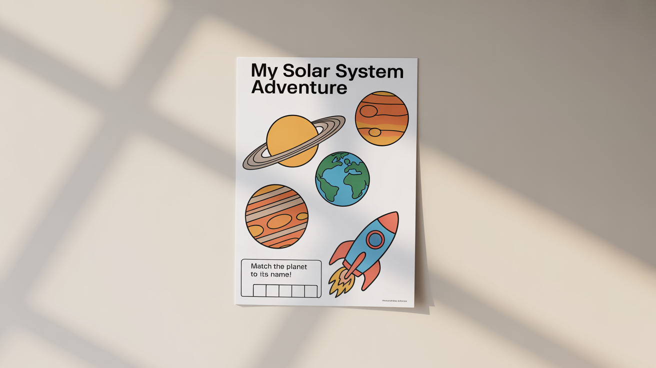 An educational children's worksheet about the solar system, laid flat on a clean white background. The worksheet is titled 'My Solar System Adventure' and features colorful illustrations of planets.
