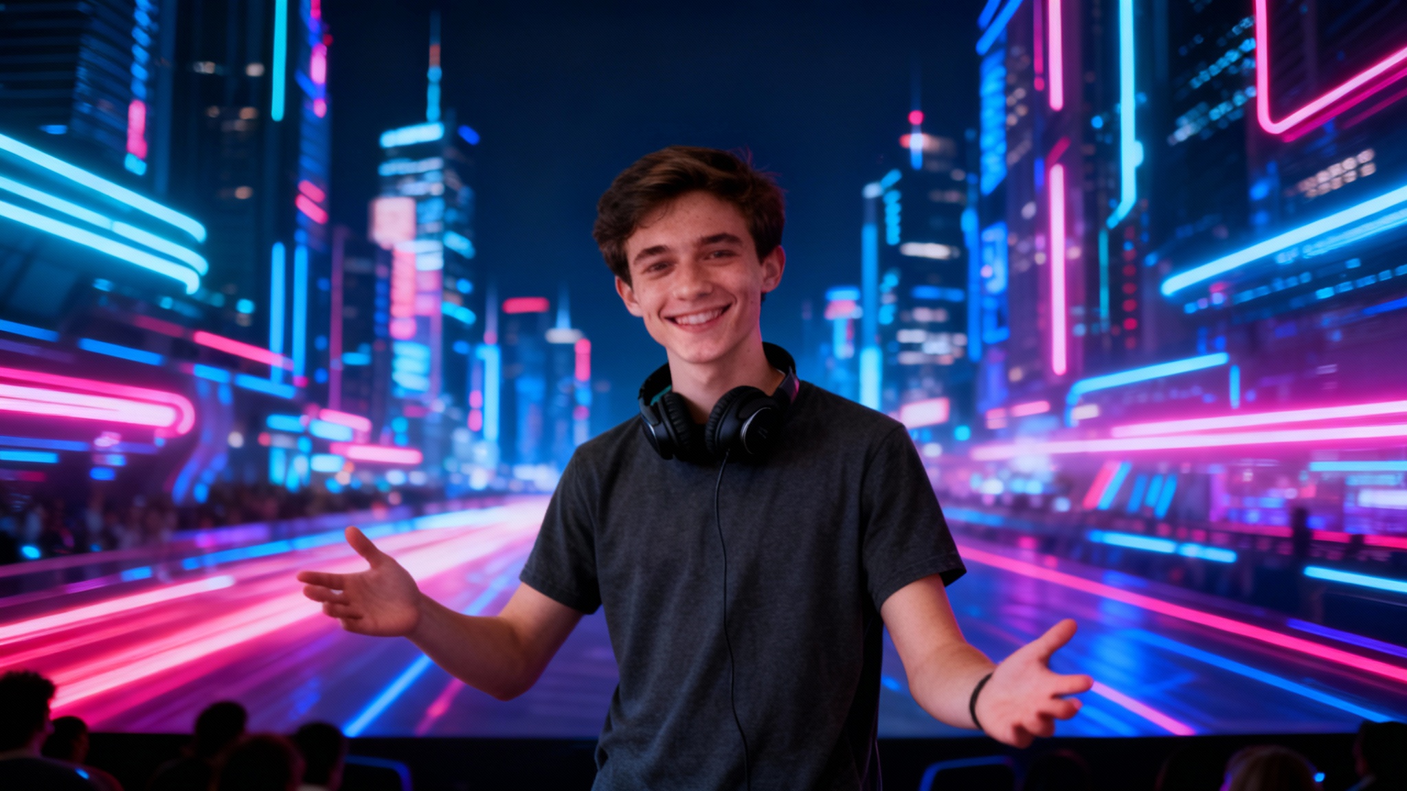 A young man wearing headphones gestures enthusiastically, now perfectly placed in a futuristic neon city scene, demonstrating the final result of a green screen video effect.
