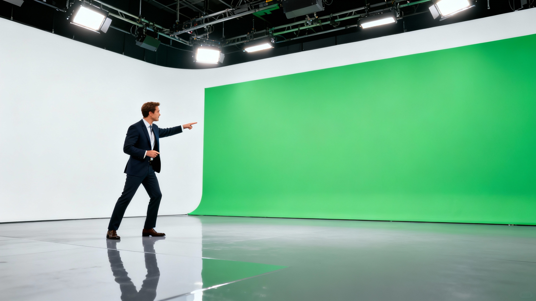 A professional weather forecaster standing in a studio and pointing at a large, blank green screen, illustrating a setup for green screen video production.