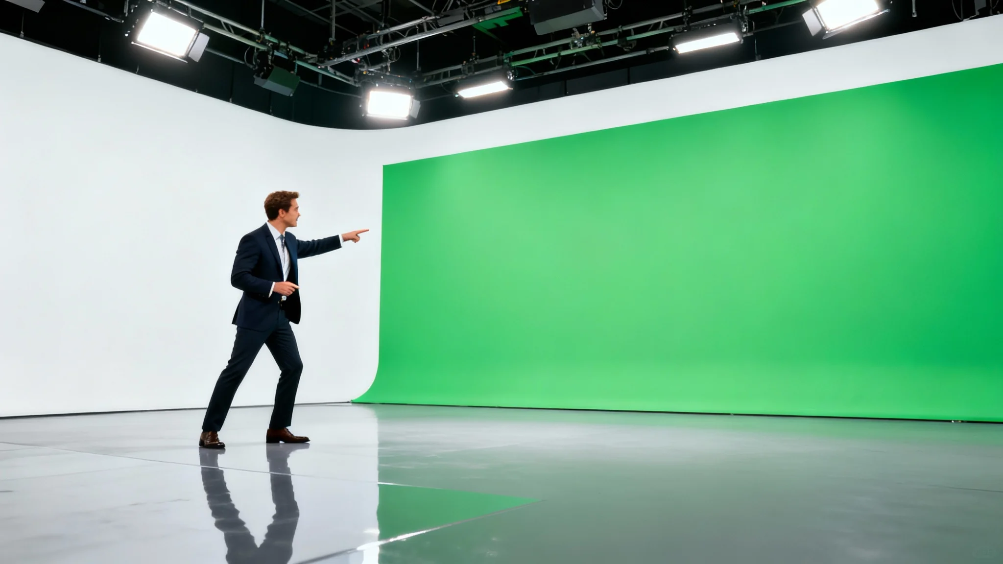 A professional weather forecaster standing in a studio and pointing at a large, blank green screen, illustrating a setup for green screen video production.