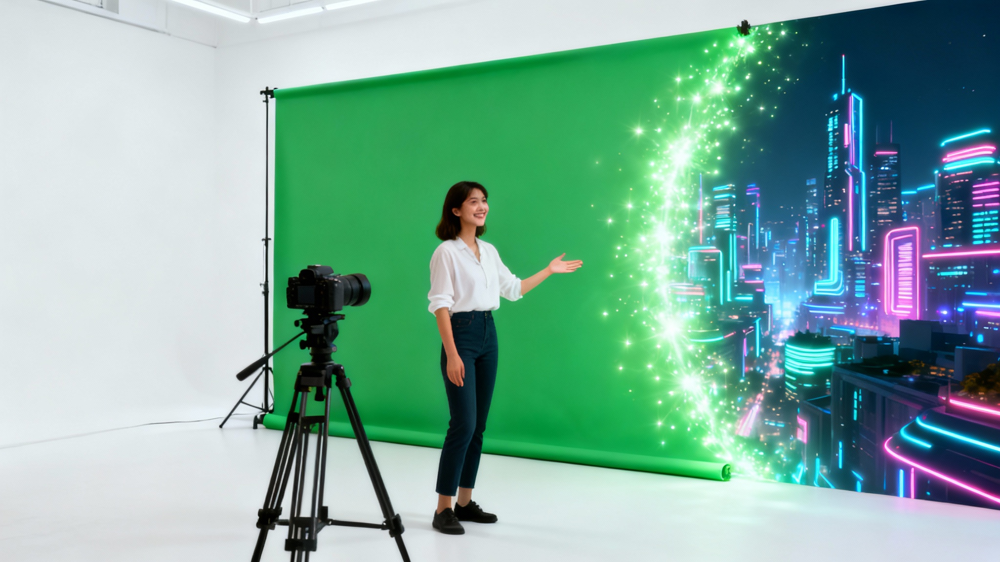 A female content creator in a white studio demonstrates a green screen effect, with the green background behind her partially transforming into a futuristic city at night.