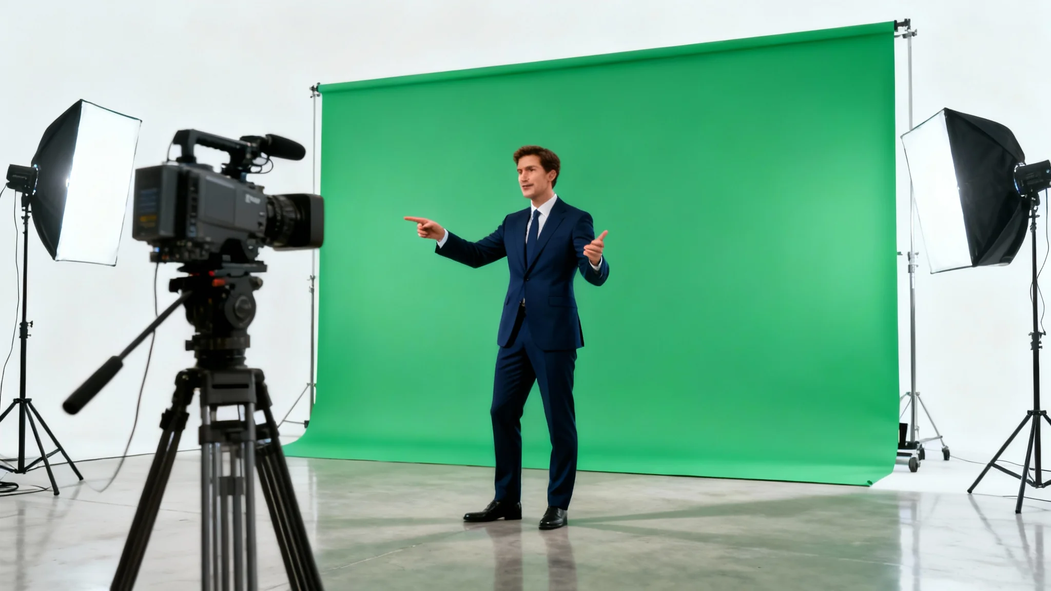 A professional video studio scene showing a male presenter in a suit standing in front of a large, bright green screen, with a camera and studio lights visible. The entire scene is on a white background.
