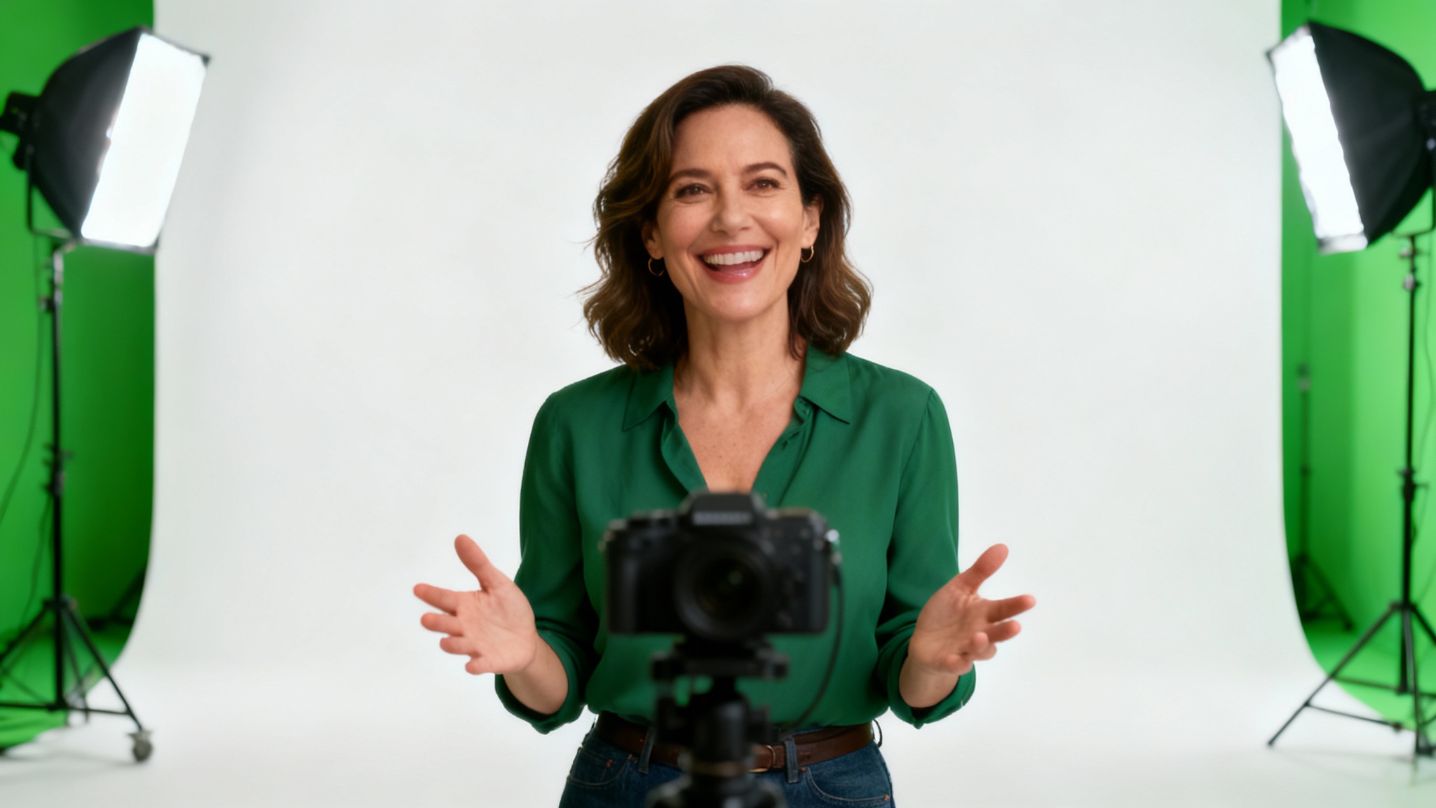 A female vlogger energetically records a video in front of a large green screen in a studio setting, all isolated on a white background.