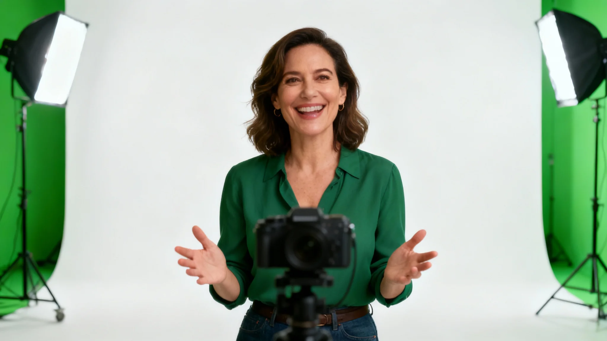 A female vlogger energetically records a video in front of a large green screen in a studio setting, all isolated on a white background.