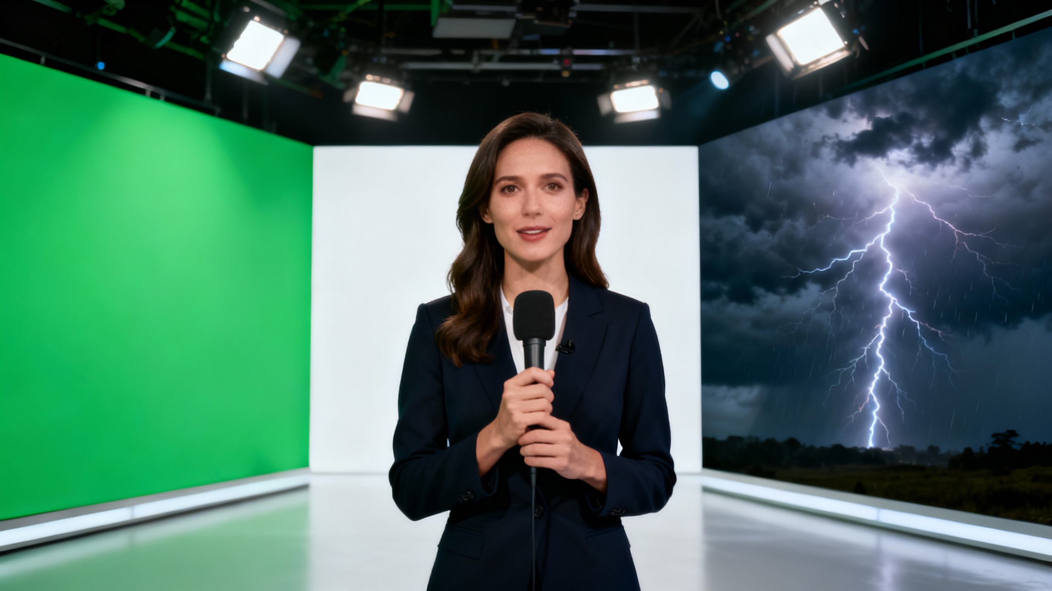 A female news reporter stands in a studio, with the background behind her split between a green screen and a stormy sky, illustrating the use of green screen technology.