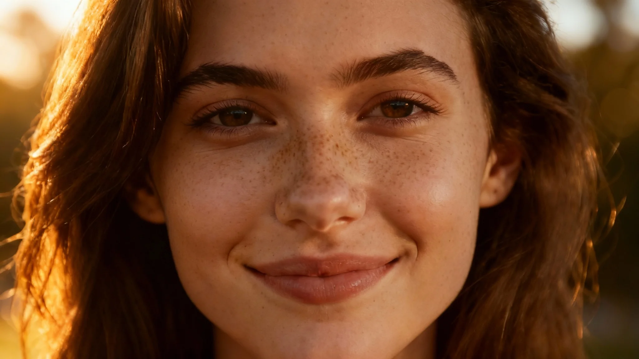 A close-up hero image showing the result of a freckle overlay: a beautiful woman with brown hair smiling in the sun, her face adorned with a natural and delicate pattern of freckles.