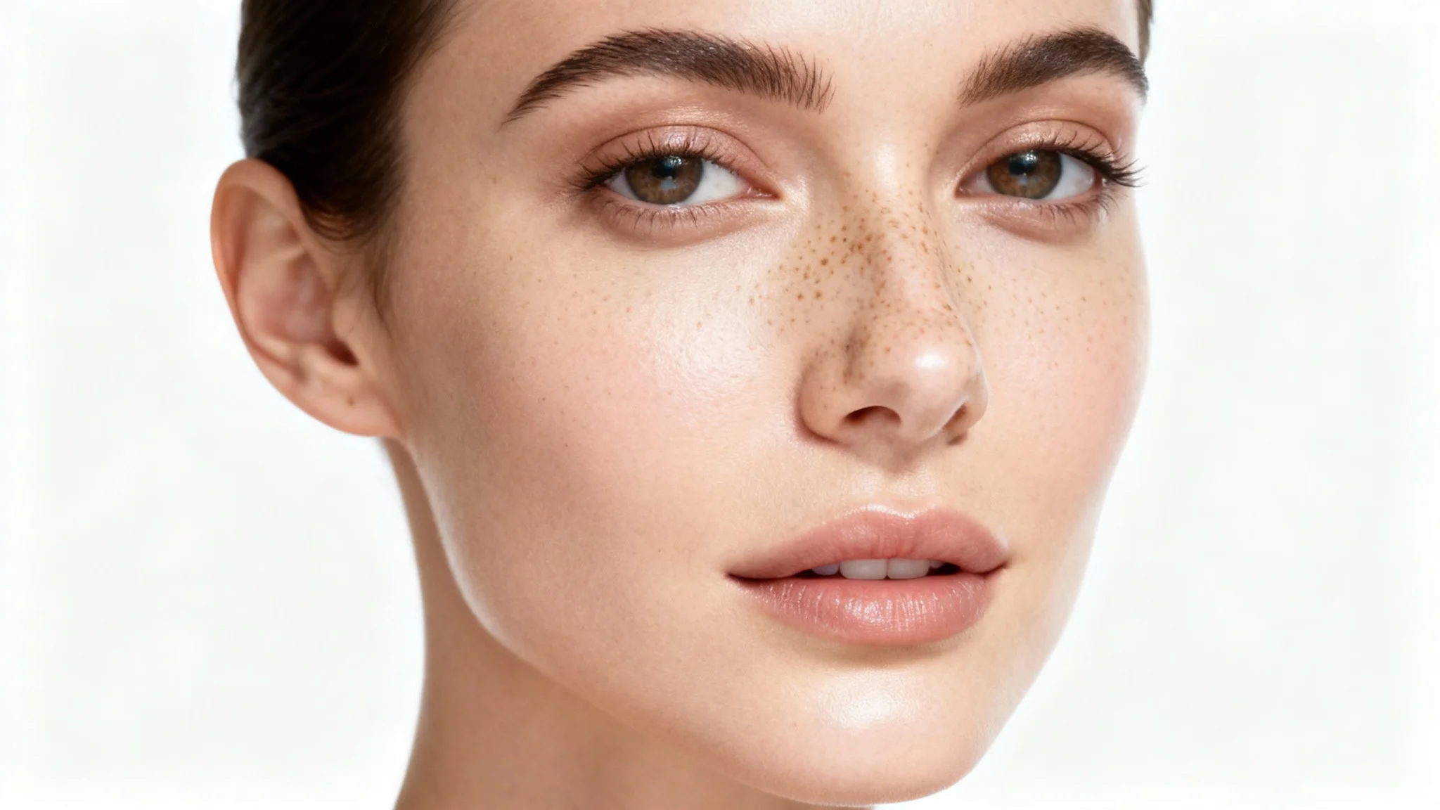 A hyper-realistic close-up beauty shot of a woman's face with a natural-looking overlay of freckles on her nose and cheeks, set against a clean white background.