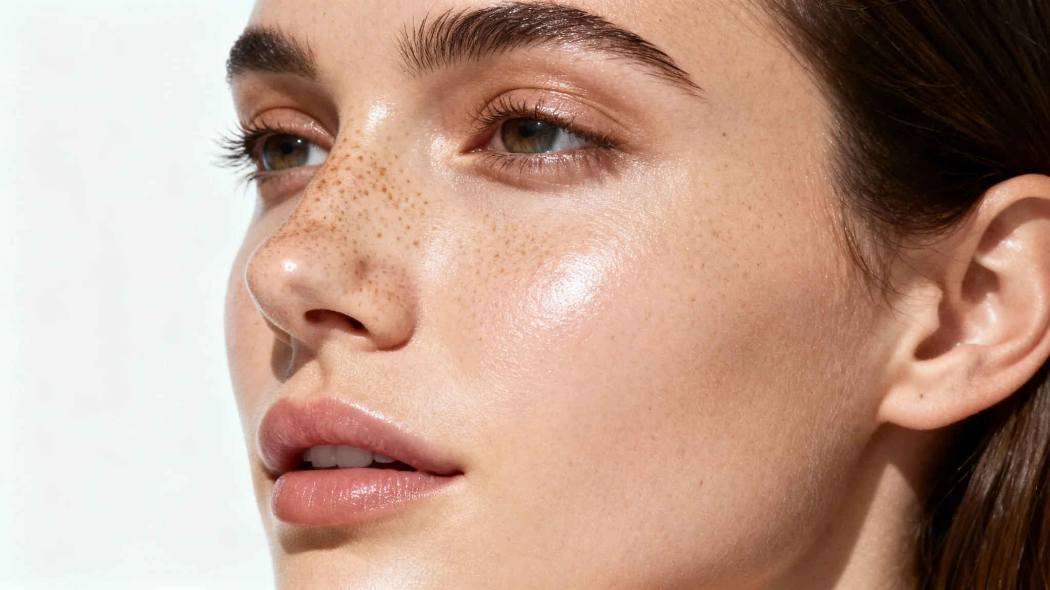 A photorealistic close-up of a woman's face, showcasing a natural and delicate freckle overlay on her nose and cheeks against a plain white background.