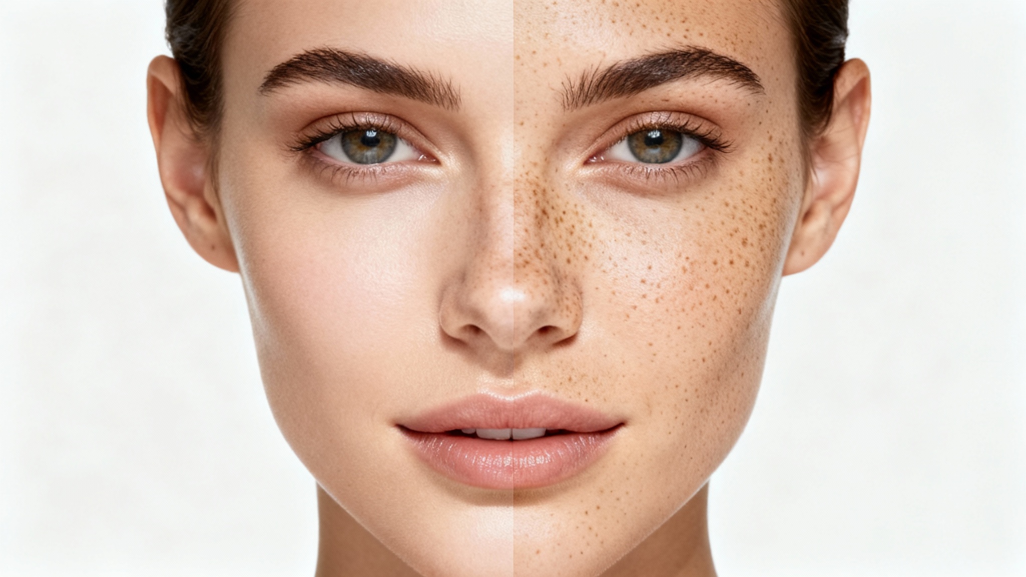 A high-fashion beauty shot of a woman's face, split down the middle to show one side with clear skin and the other side with a natural-looking freckles overlay.