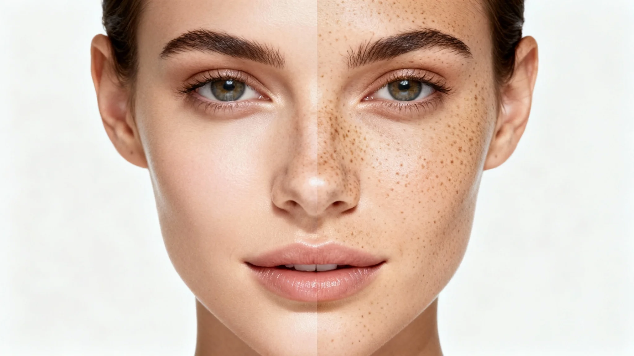 A high-fashion beauty shot of a woman's face, split down the middle to show one side with clear skin and the other side with a natural-looking freckles overlay.