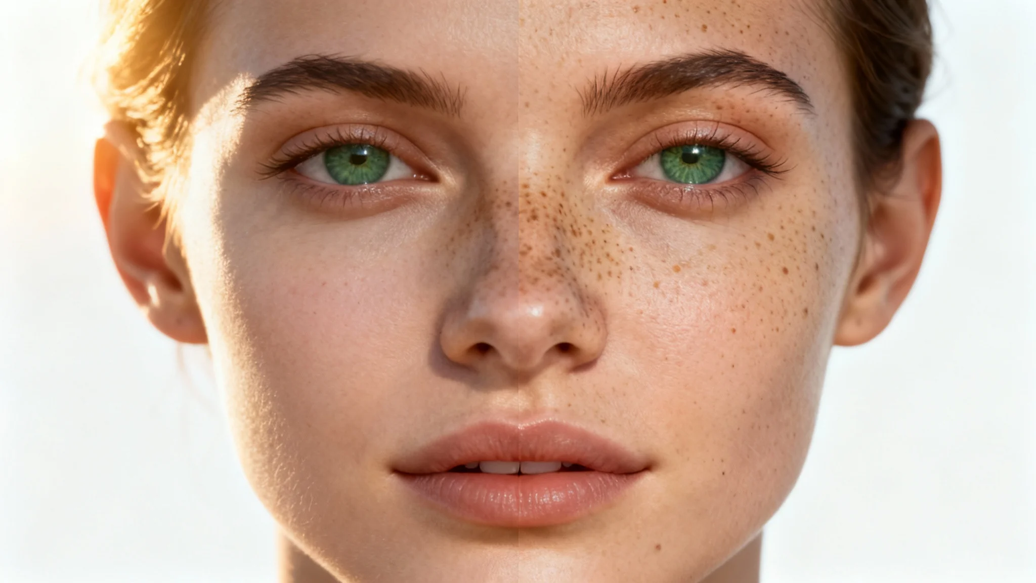 A close-up split-screen image of a woman's face. The left side shows her clear skin, while the right side shows the same face with a beautiful, natural-looking freckle overlay applied.