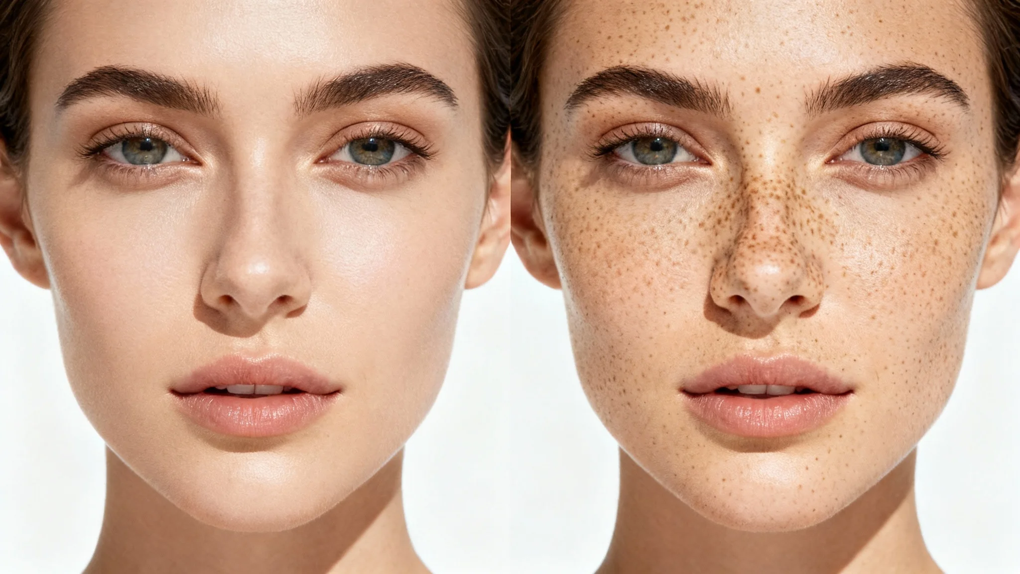 A split-screen portrait showing the before and after effect of a freckles overlay on a woman's face against a white background.