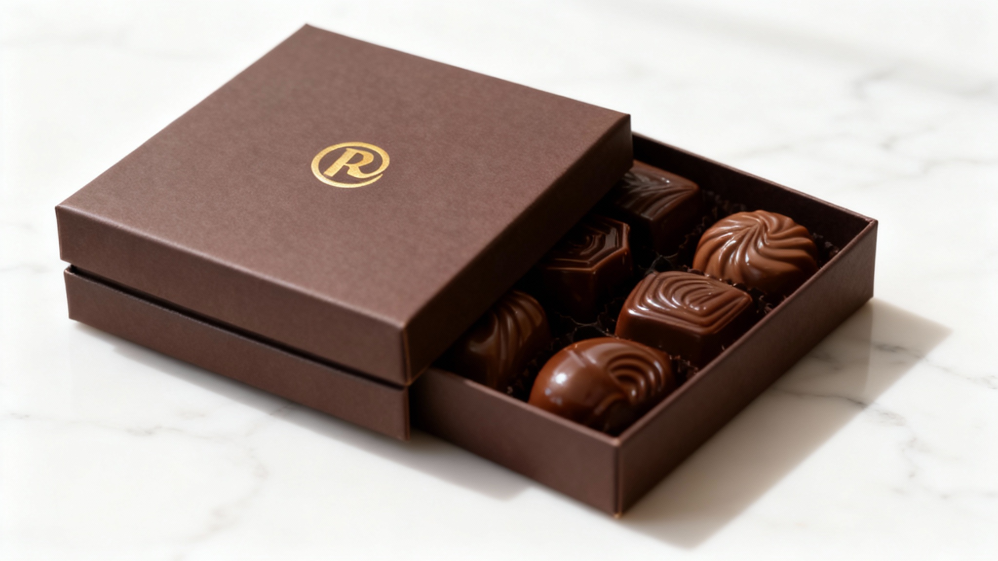 A professional product photograph of a luxury box of chocolates resting on a white marble surface, showcasing a polished and clean result from a design tool.