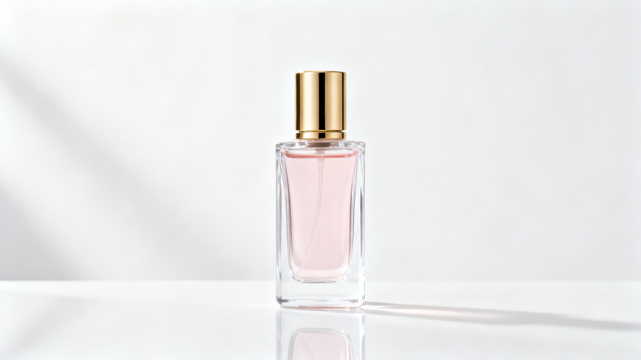 A professional product photograph of a minimalist perfume bottle with a gold cap and pink liquid, set against a clean white background with soft studio lighting.