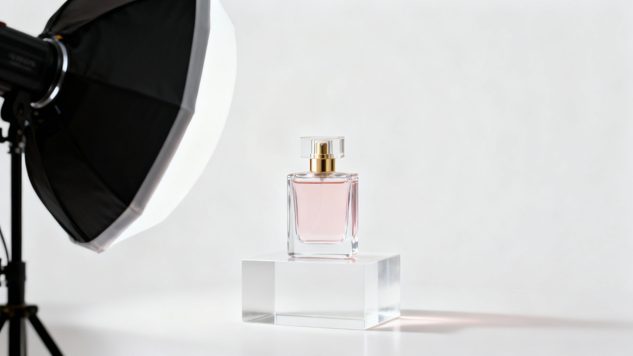A professional product photography mockup showing a luxury perfume bottle on a white block, expertly lit against a clean white background.