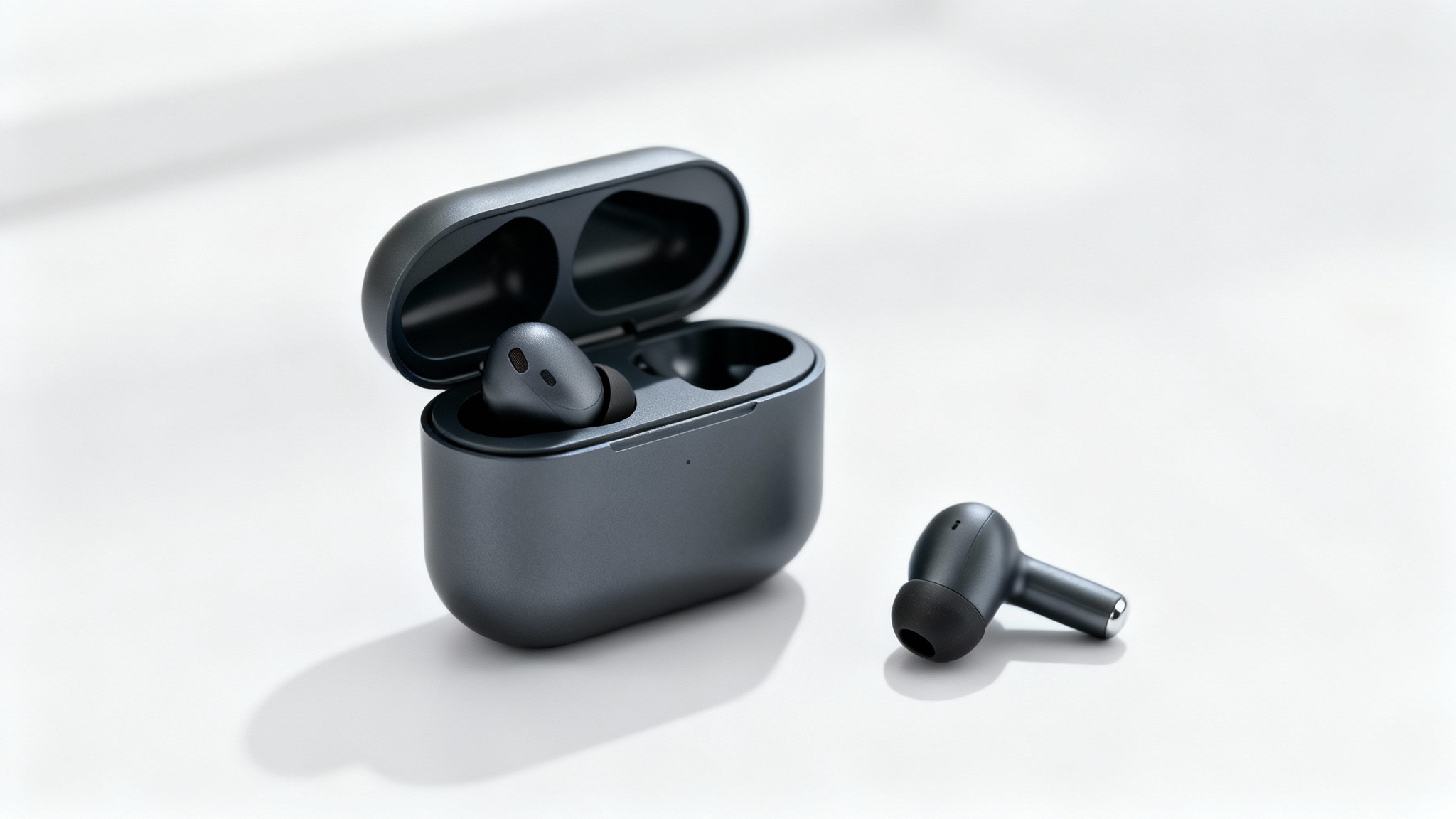 A professional product photograph showing a charcoal gray wireless earbud case and a single earbud on a clean white background, styled as high-end commercial photography.