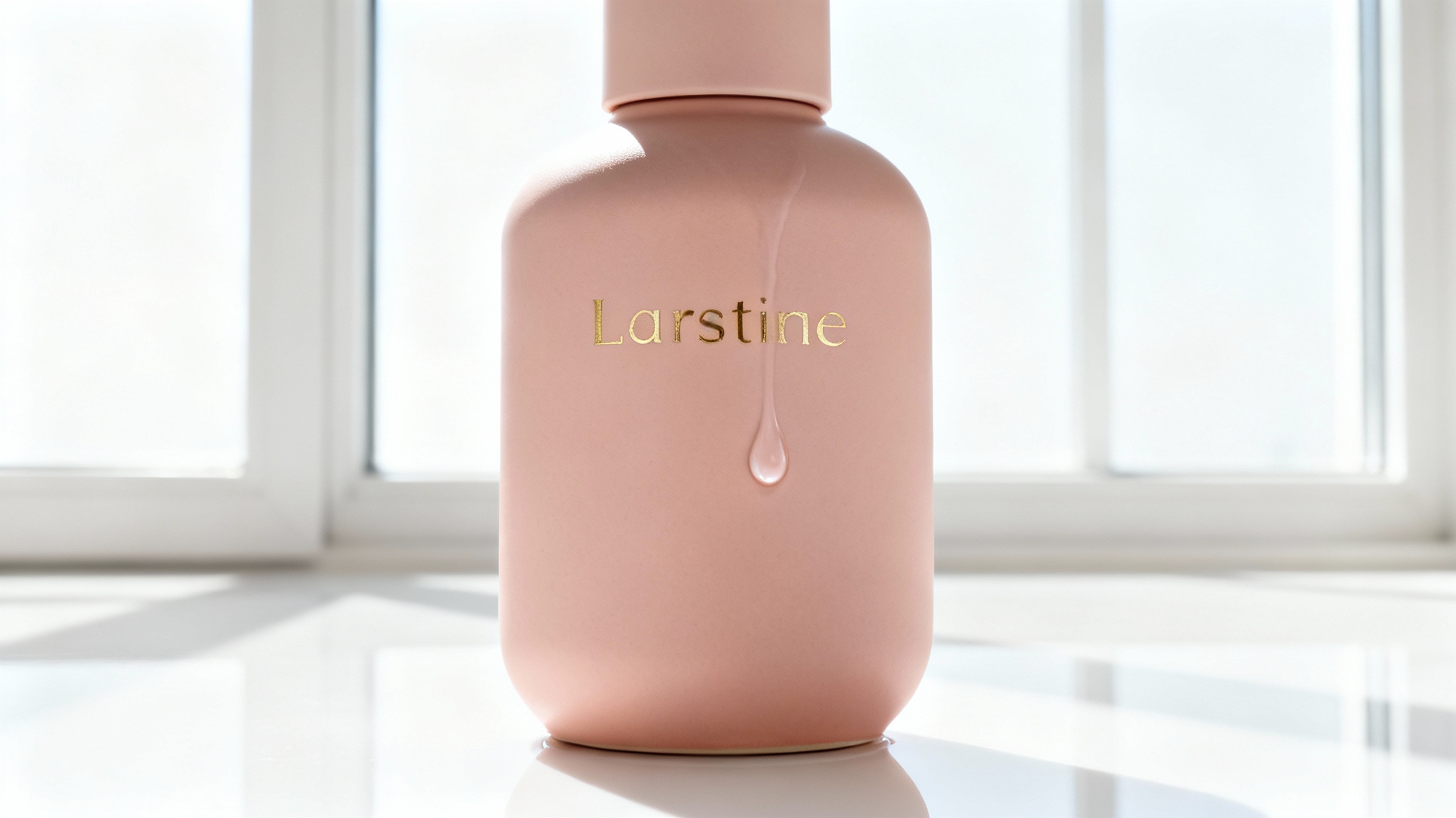 A professional product photograph of a pink ceramic serum bottle with a water droplet on it, set against a clean white background to evoke a sense of luxury and purity.