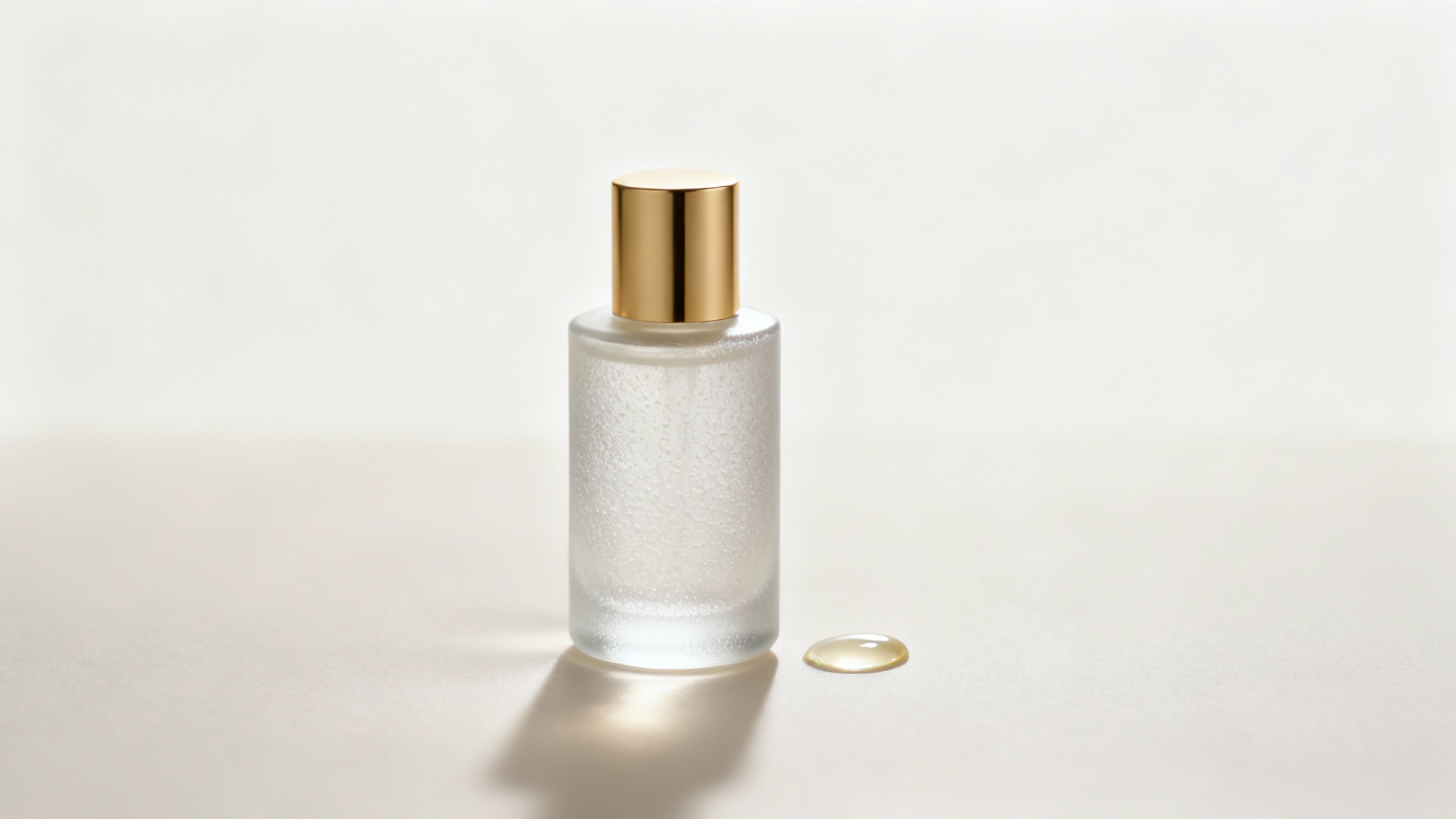 A professional product photograph of a luxury frosted glass skincare bottle with a gold cap, displayed on a clean off-white background to showcase high-quality commercial photography.