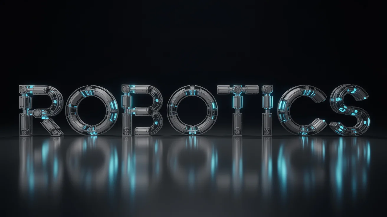 The word ROBOTICS rendered in a photorealistic 3D robotic style, with letters made of intricate metal parts, gears, and glowing blue circuits, set against a dark background.