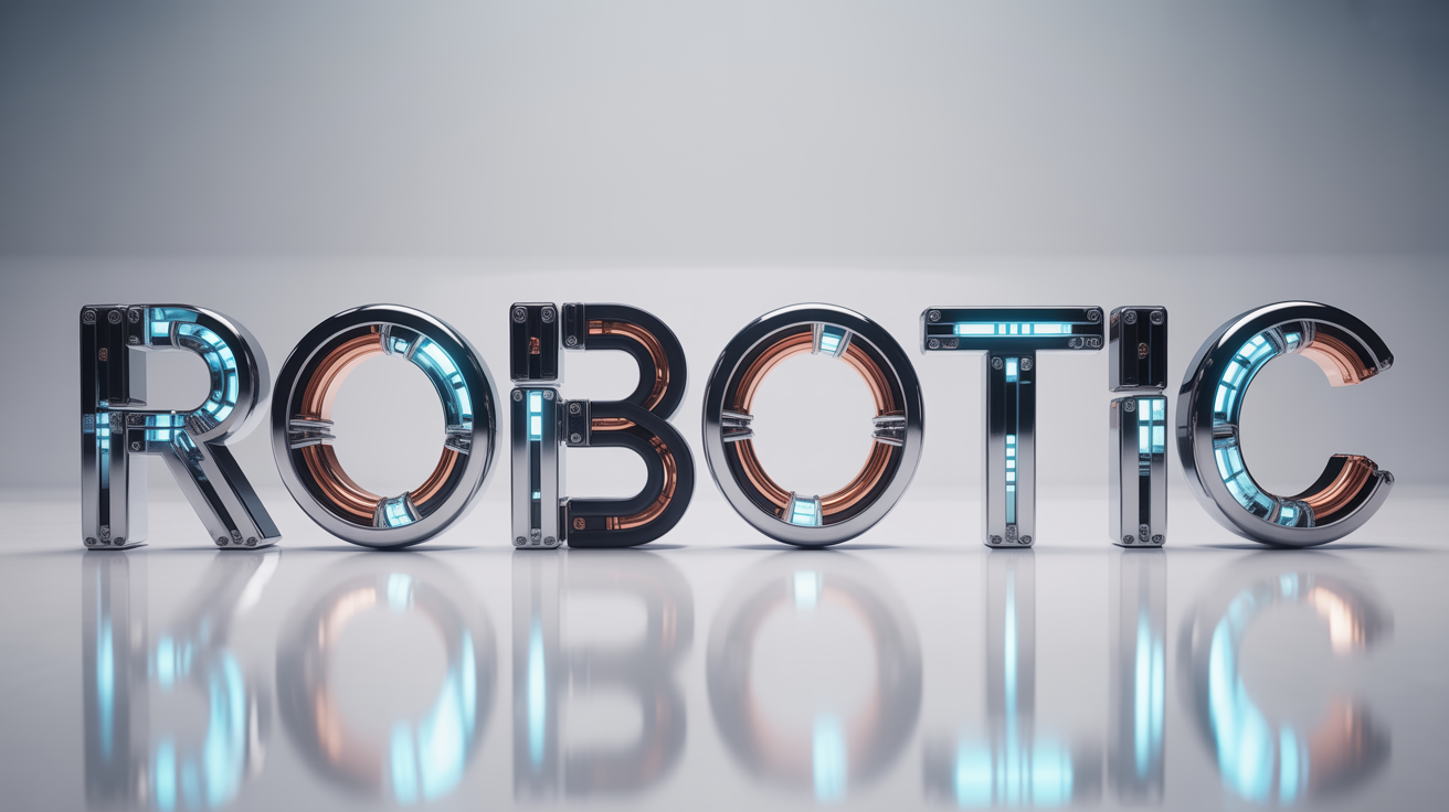 A photorealistic image of the word 'ROBOTIC' in a 3D mechanical font. The letters appear to be made of metal with visible wires and glowing blue lights, set against a plain white background.