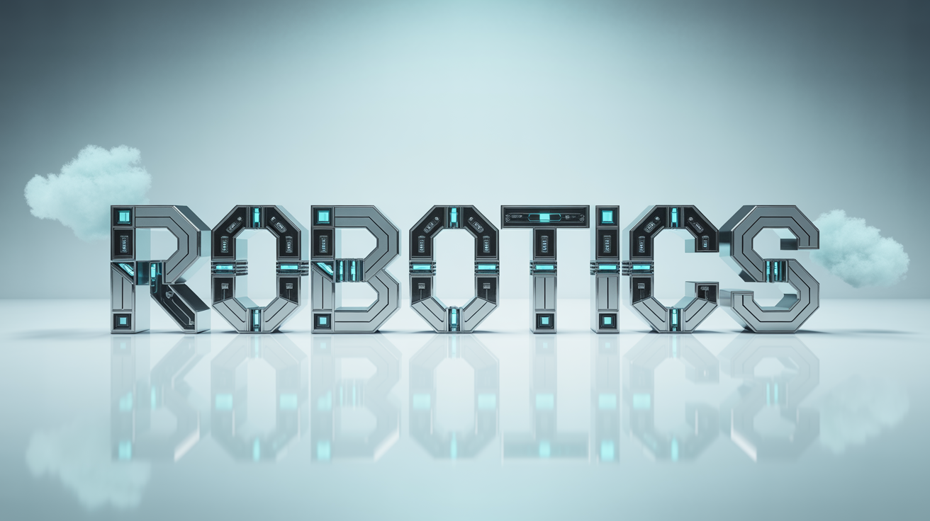 The word "ROBOTICS" is displayed in a 3D metallic style with glowing blue lines, evoking a futuristic, robotic theme.